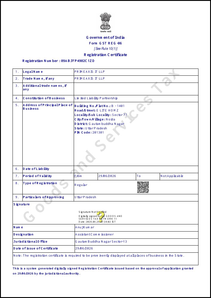 PrimeAxis IT LLP GST registration certificate preview