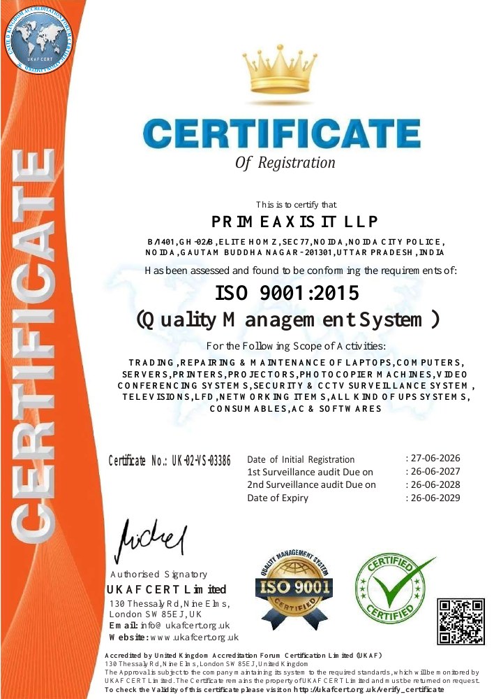 PrimeAxis IT LLP ISO 9001 2015 certificate preview