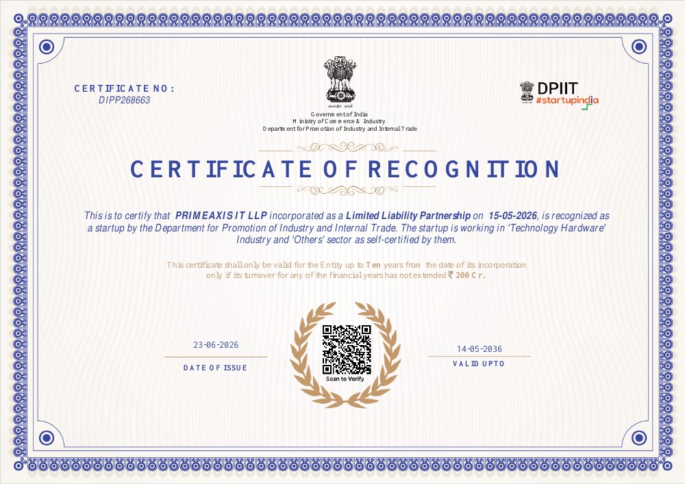 PrimeAxis IT LLP Startup India recognition certificate preview