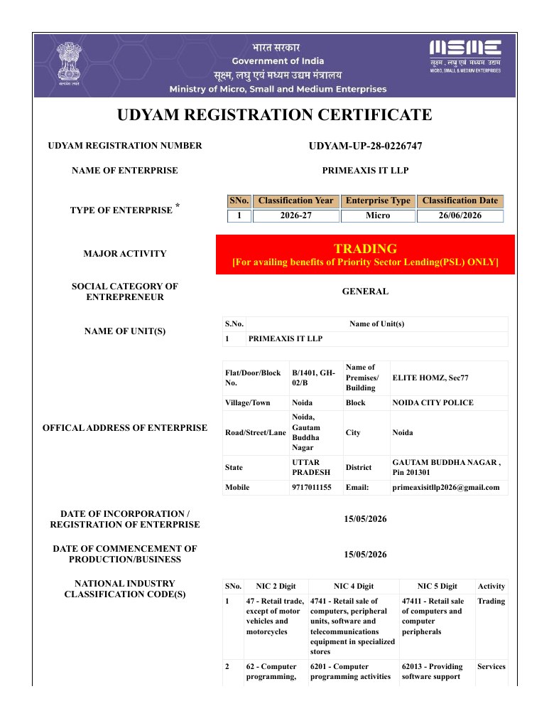 PrimeAxis IT LLP Udyam registration certificate preview